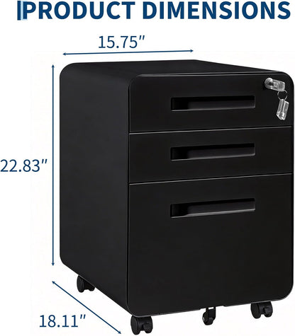 3 Drawer File Cabinet with Lock, Mobile Metal Filing Cabinet for Letter/Legal/A4 Size, Under Desk Rolling Office Storage Cabinet, Fully Assembled, Black