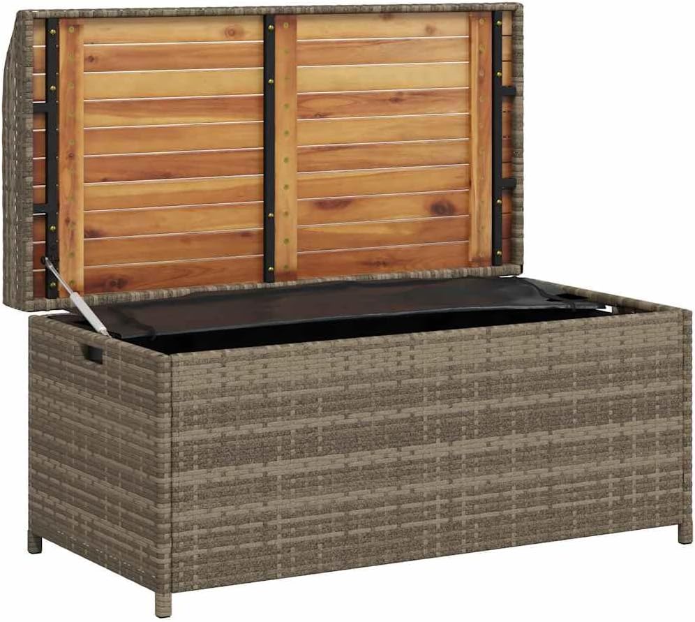 Poly Rattan Storage Bench with Acacia Wood Frame, Grey and Brown Outdoor Seating with Gas Spring Lid, Water-Resistant Patio Storage for Cushions and Tools