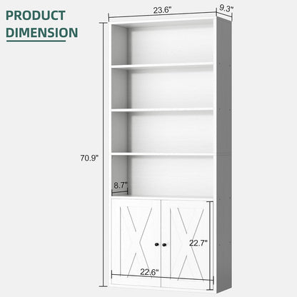 Shintenchi Bookshelf, Industrial Bookshelves and Bookcases with Doors Floor Standing 6 Shelf Display Storage Shelves 70.6 inches Tall Bookcase for Home Office, Living Room (White)