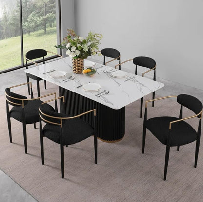 69" Large Dining Table, Rectangle Dining Table with White Faux Marble Top and Black Wave Metal Base, Modern Office Computer Dinner Table for Kitchen & Dining Room