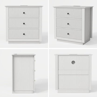 24" Wide Nightstand with Charging Station, Modern Fluted Bedroom Nightstand with Drawers, Wood Night Stand with Storage and Outlet, Large Bedside Table for Bedroom, White