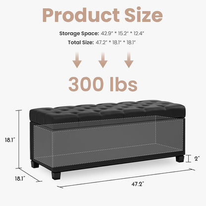 Living&Giving Leather Storage Ottoman Bench for Bedroom, 47.2", Black | 47.2'' faux leather storage ottoman with safety hinge, tufted seat and spacious hidden storage for everyday organization.