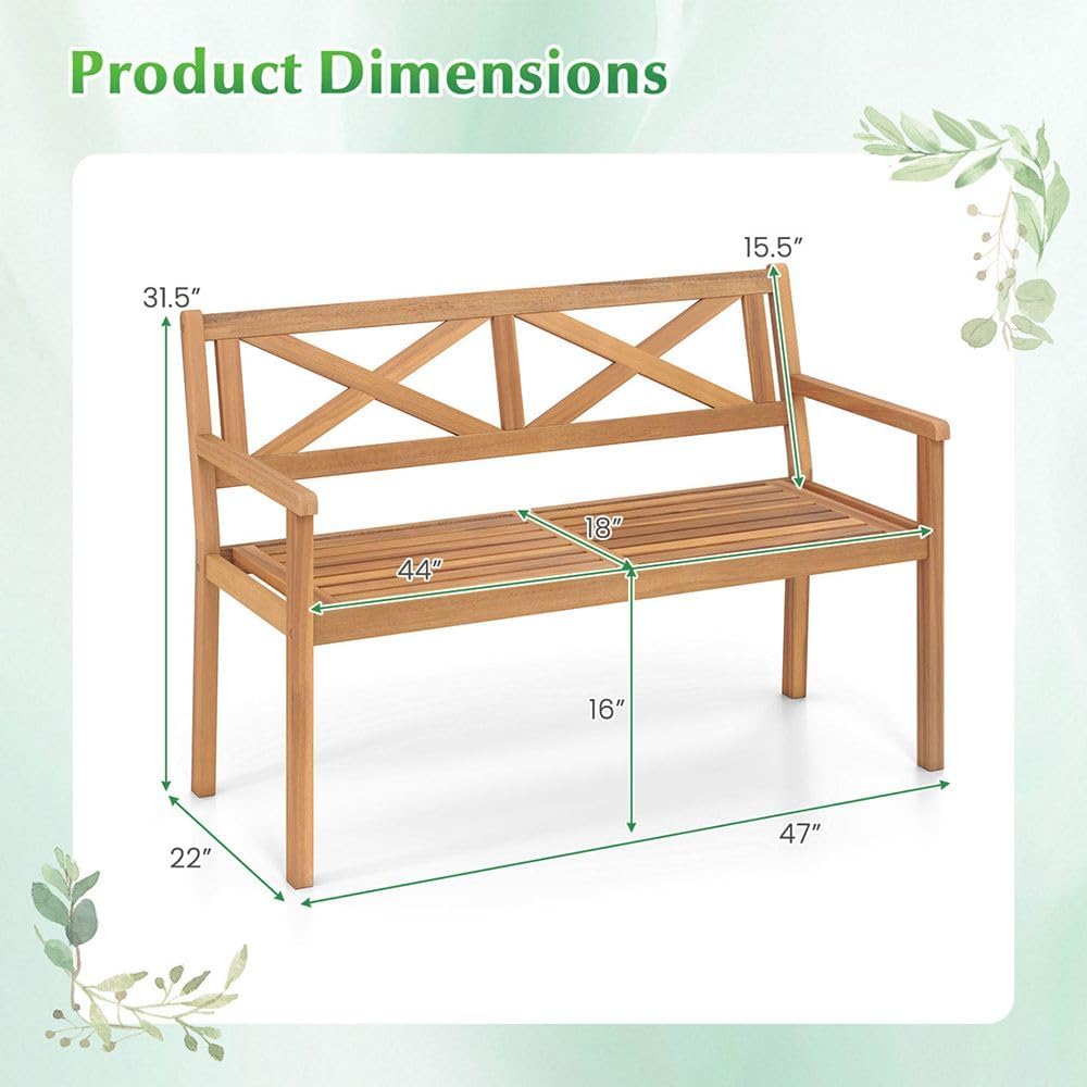 Acacia Wood 2-Person Porch Chair Armrests Backrest 44in Seat Width 800lb Capacity Poolside