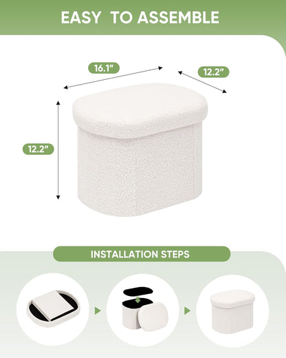 B FSOBEIIALEO Storage Ottoman for Dorm Room, Boucle Folding Storage Ottoman Foot Rest, 16.14 Inches Small Collapsible Ottoman Cube for Living Room White Cream