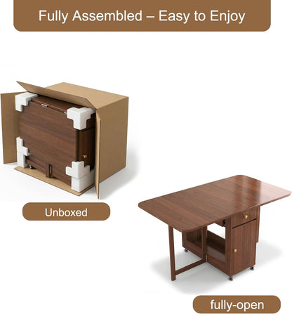 Small Drop Leaf Table - 51" Fully Assembled Folding Dining Table 4-6 Seater with Storage and Lockable Wheels, Space-Saving for Kitchen or Dining Room (Walnut)