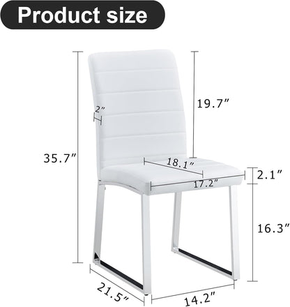 Modern Dining Chairs Set of 4, White Faux Leather Kitchen Chairs, Upholstered Armless Dining Room Chair with Silver Mental Legs Heavy Duty, Comfortable (White Chairs, Set of 4)