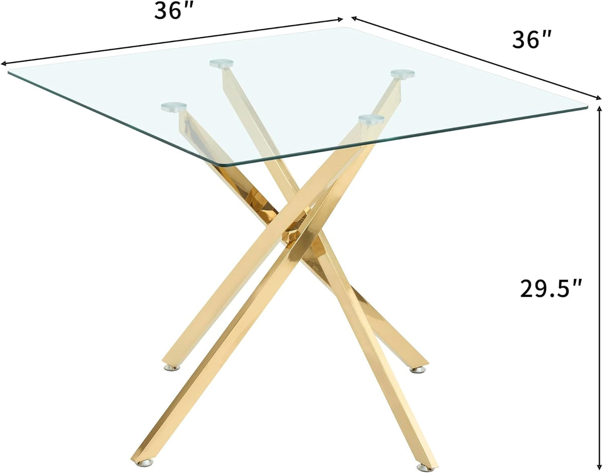 Square Dining Table for 4, 36 Inch Glass Kitchen Table with Gold X Metal Legs, Modern Tempered Glass Dinner Room Table for Small Space Dining Room Kitchen Restaurant