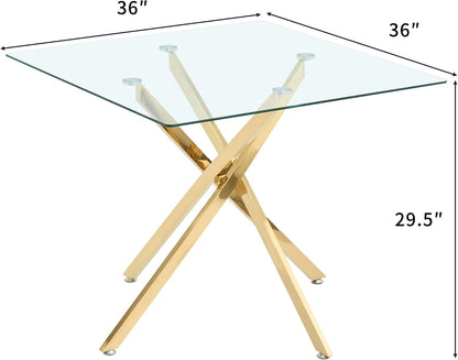 Square Glass Dining Table,Glass Dining Room Table with Metal Legs, Modern Glass Kitchen Table for Home, Kitchen, Dining Room