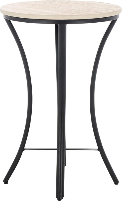 SAFAVIEH Home Collection - Saxony Side Table, Round Beige Travertine Top with Black Metal Legs, Fully Assembled (ACC3731A)