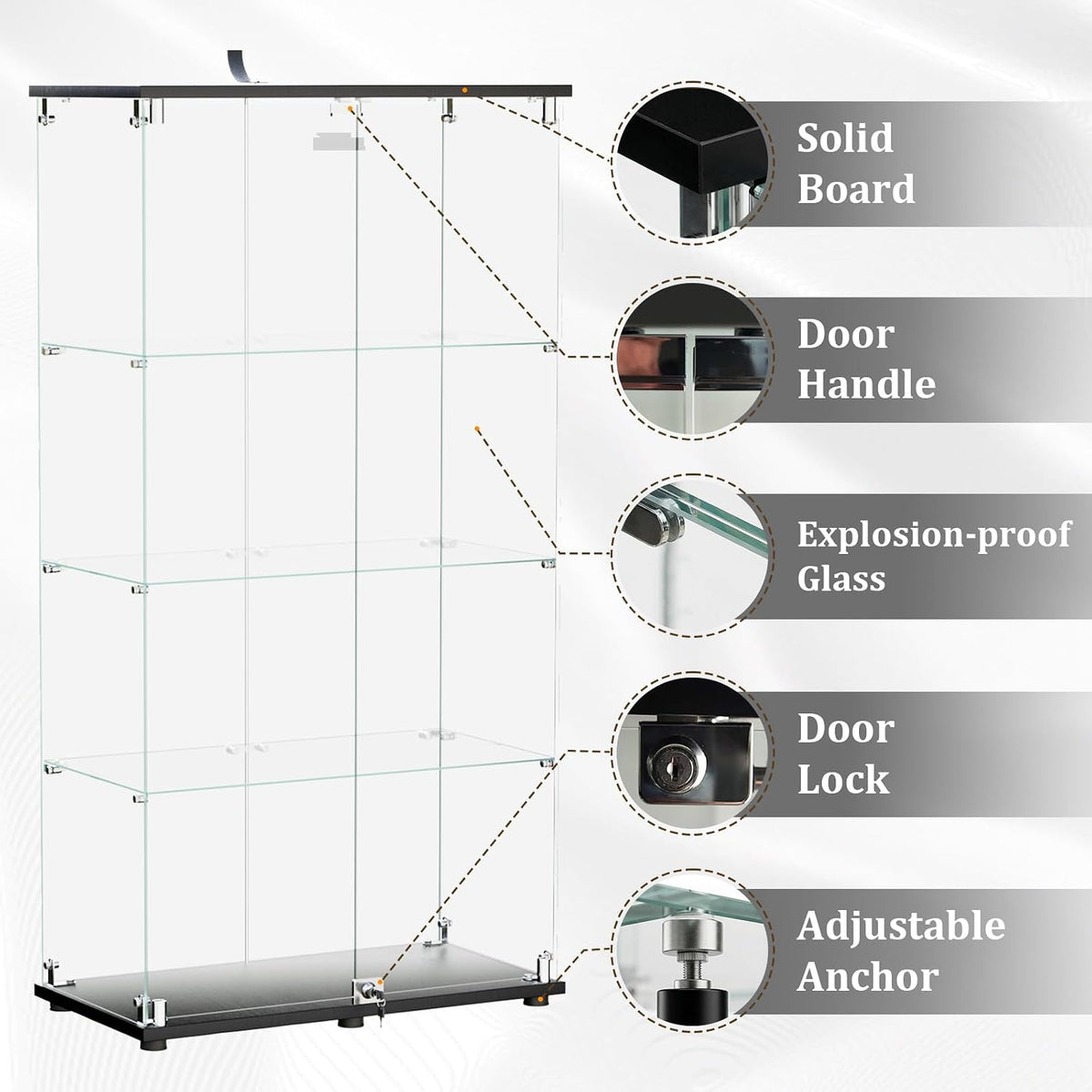 BEAUTYPEAK Tempered Glass Display Cabinet, Double Door, Black