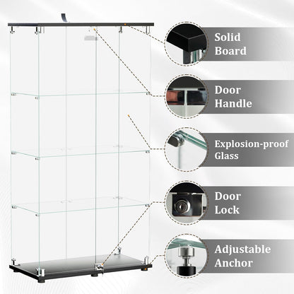 BEAUTYPEAK Tempered Glass Display Cabinet, Double Door, Black