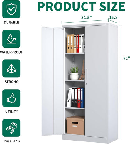71" Tall Metal Storage Cabinet with Adjustable Shelves, Kitchen Pantry Storage Cabinet with 2 Doors, 31.5" W White Pantry Cabinet for Dining Room, Kitchen, Assembly Required, White