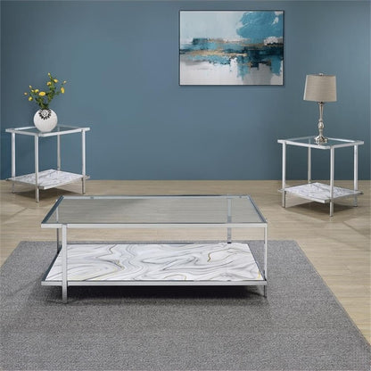 Pemberly Row Contemporary 3-Piece Coffee & End Table Set, Engineered Wood and Chrome, Tempered Glass Tops, Faux-Stone Pattern, Living Room Furniture Set with Storage Shelves