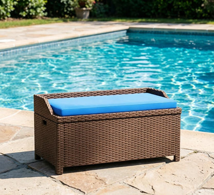 2-in-1 Outdoor Wicker Storage Bench with Cushion - 34 Gallon Patio Deck Box with Gas Struts - Weather-Resistant Aluminum Garden Bench for Porch, Pool & Backyard