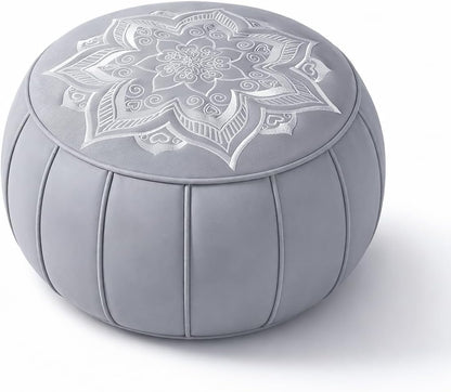 Round Pouf Cover, Premium Leather Ottoman Cover 19in / 48cm, Unstuffed Floor Pouf with Handcrafted Embroidery, Boho Footrest for Living Room, Meditation Cushion, Home Decor (Grey)