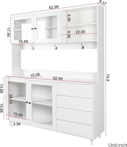63" W Large Kitchen Hutch Cabinet, Freestanding Pantry Cupboard with 4 Doors, 4 Drawers & Microwave Shelf,for Kitchen Dining Room Bedroom (White#L)
