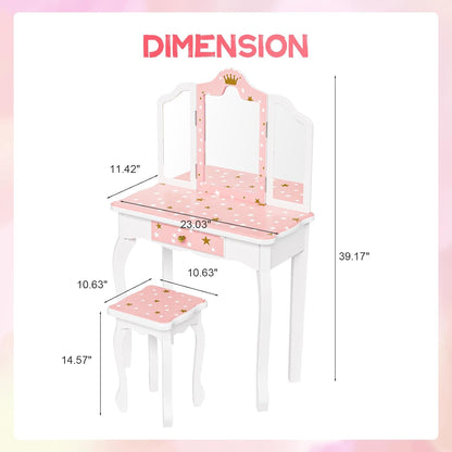 JOYMOR Kids Princess Vanity Table and Chair Set, Kids Vanity Set with Mirror, Makeup Dressing Table with Two 180° Folding Mirror for Girls Age 4-9