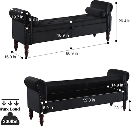 67" End of Bed Storage Bench King Size, Storage Bench for Bedroom, Velvet Bed Bench with Storage Upholstered Tufted Storage Ottoman Bench with Arms for Bedroom, Living Room, Entryway, Black
