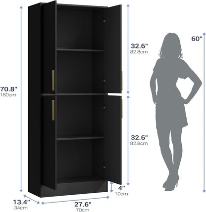 Housoul 71" Tall Pantry Cabinet, 4 Doors Kitchen Pantry Storage Cabinet, Freestanding Larder Cupboard, Kitchen Hutch with Gold Handles for Dining Room, Bathroom, Black