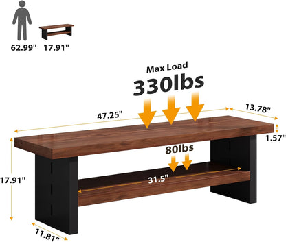 47" Solid Wood Entryway Bench with Shoe Storage, 2-Tier Modern Farmhouse Hallway Bench with Open Shelf for Bedroom, Dining Room, Mudroom, Easy Assembly, Dark Walnut & Black