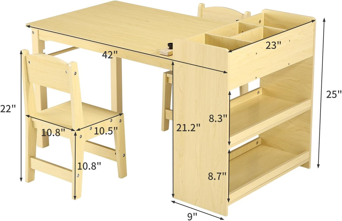 Kids Art Table with 2 Chairs, Toddler Craft Play Wood Activity Desk with 3-tier Storage Shelves for Writing Drawing, Children's Wooden Furniture Table and Chairs Set for Playrooms & Classroom