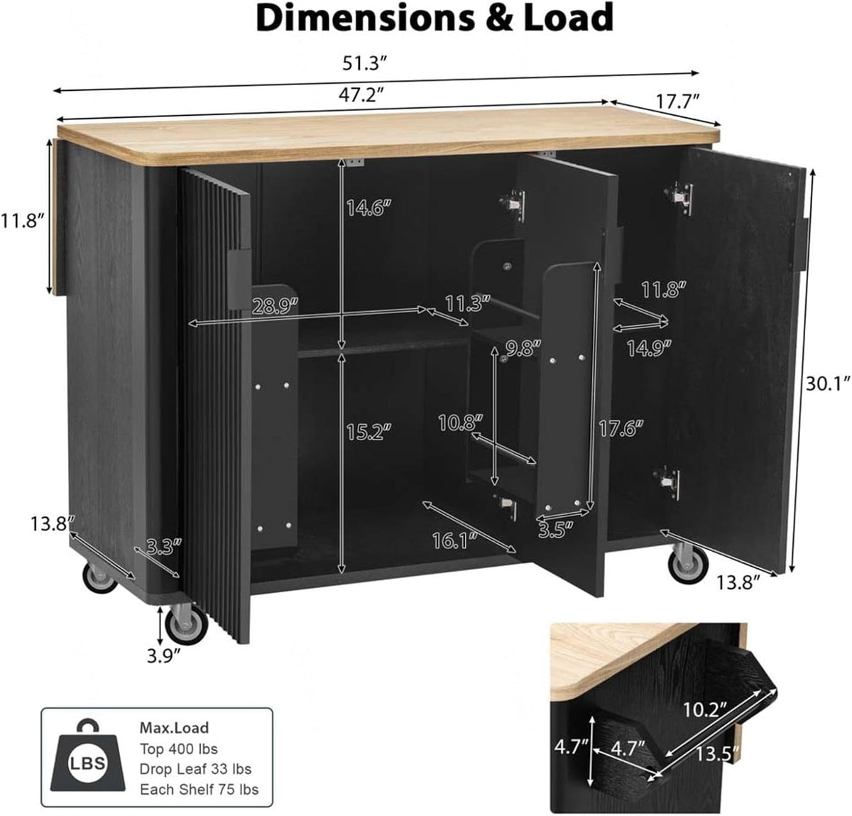 Rolling Kitchen Island with Drop Leaf with Storage and Dining Table, Kitchen Islands with Storage with Wheels Towel Rack， for Kitchen, Dining Room, Black