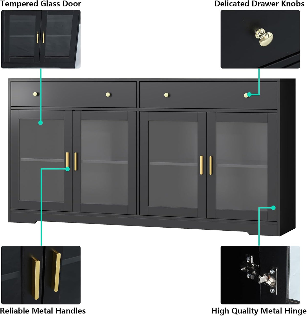 Sideboard Buffet Cabinet with LED Lights, 55.1 Storage Cabinet with 2 Large Drawers & 4 Glass Doors, Modern Kitchen Display Cabinet with Adjustable Shelves, Coffee Bar for Kitchen Living Room (Black)
