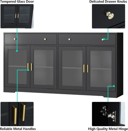 Sideboard Buffet Cabinet with LED Lights, 55.1 Storage Cabinet with 2 Large Drawers & 4 Glass Doors, Modern Kitchen Display Cabinet with Adjustable Shelves, Coffee Bar for Kitchen Living Room (Black)