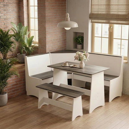 Farmhouse Breakfast Nook Table Set, Dining Nook Set with Corner Bench,with Storage Function Mid Century Modern Small Dining Table Set, Kitchen Table Corner Set (Gray + White)