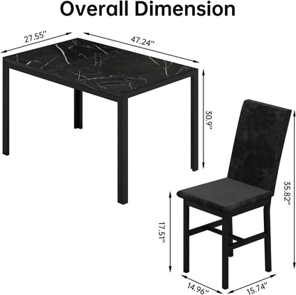AWQM Products 5-Piece Marble Dining Set, Modern Kitchen Table and Chairs for Dining Room, Compact Space Saving Furniture, Dinette, 4 Upholstered Velvet Chairs - Black