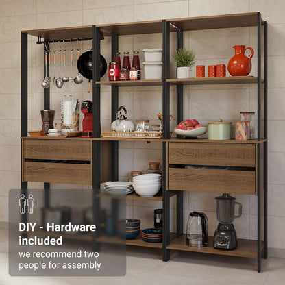 Madesa Kitchen Pantry Storage Rack with 4 Drawers, Open Shelves and Hanging Space 78" L Multiuse Modular Cabinet for Kitchen Organization - Black/Brown