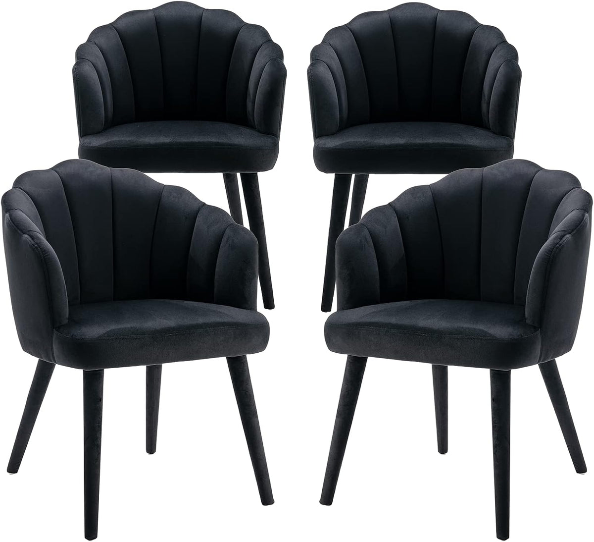 Velvet Dining Chairs Set of 4 Modern Living Room Chairs with Petal Back & Wood Legs Comfy Upholstered Side Chair Accent Chair for Dining Room/Bedroom/Vanity, Black