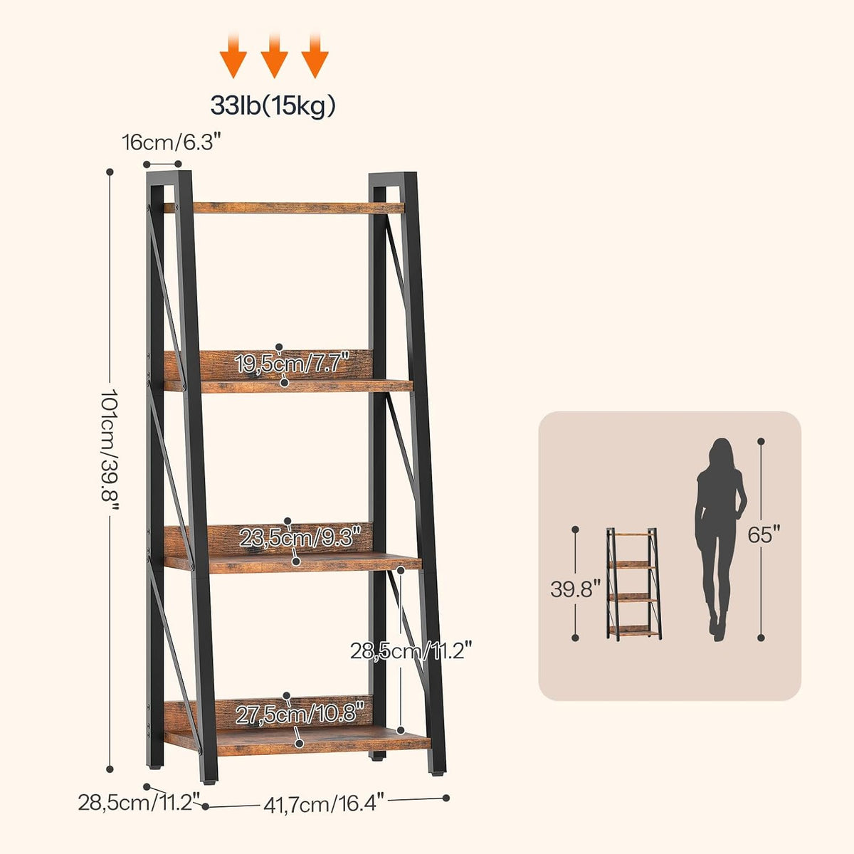 HOOBRO Ladder Shelf, 4-Tier Bookshelf, Corner Bookcase, Freestanding Storage Shelf Display Organizer, for Living Room, Bedroom, Home Office, Kitchen, Rustic Brown and Black BF304CJ01