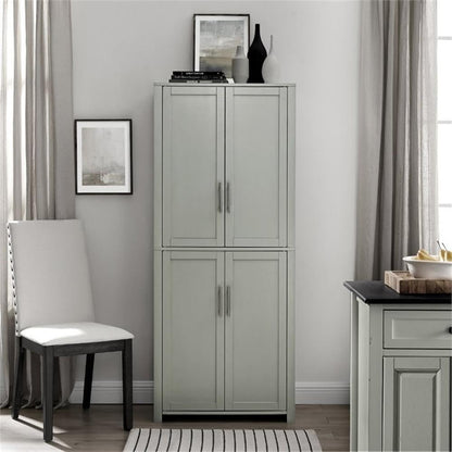 Pemberly Row Tall Wood Pantry Cabinet with Adjustable Shelves, MDF and Birch Veneer, Gray and Nickel Finish, Shaker-Style Doors, 67 in H x 28 in W x 15 in D, Kitchen, Bathroom, or Home Organization