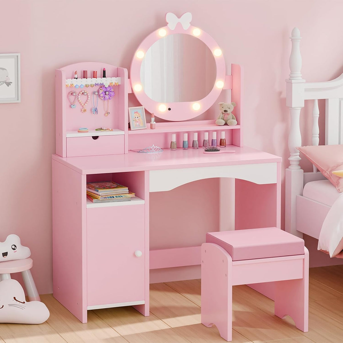 MU Kids Vanity Table and Chair Set – Princess Girls Vanity Set with Mirror, Lights, Jewelry Storage, and Cushioned Stool, Toddler Makeup Vanity for Little Girls (Pink)