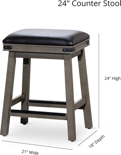 DTY Indoor Living Cortez Bonded Leather Stool, Weathered Gray Finish, 24" Counter Height, Black Leather Seat, Set of 2