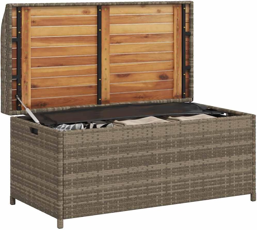 Outdoor Storage Bench with Gas Spring Lid, Patio Deck Box with Seating for Two, Waterproof Synthetic Poly Rattan and Acacia Wood Garden Seat, 39.4 Inch
