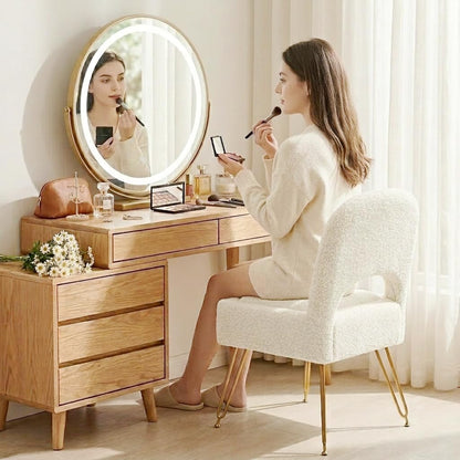 Vanity Stool with Storage & Folding Backrest, Cute White Faux Fur Makeup Stool Ottoman, Comfy Padded Chair for Bedroom, Adjustable Back & Plush Cushion Seat, 16.6" Wide 11L Storage Space