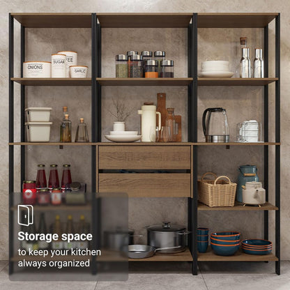 Madesa Kitchen Pantry Storage Rack with 2 Drawers and Open Shelves 74" L Multiuse Modular Cabinet for Kitchen Organization - Black/Brown
