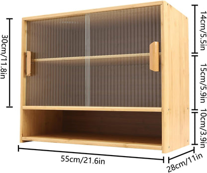 Bamboo Kitchen Pantry Sideboard with Sliding Glass Doors, Freestanding Storage Cabinet with Adjustable Height, 3-Tier Utility Cupboard for Bottles and Dishes