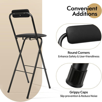 Foldable Bar Chair, 29.53" Tall Folding Chair Portable Stools with Backrest Cushioned Padded for Camping Kitchen Home Office, Load Capacity 275LBS (Black, 1PCS;29.53")