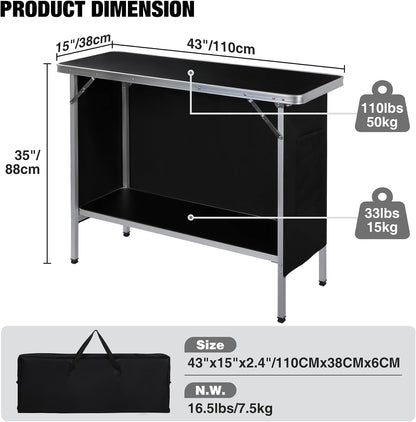 43" Long Portable Bar Table with Remote-Controlled Multi-Color LED Lights, Foldable Mobile Bartender Table for Party, 43"x33"x15" Storage Shelf, Waterproof MDF Top & Removable Skirt (Black)