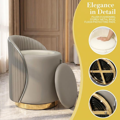 Luxury Vanity Stool with Storage, 360° Swivel Vanity Chair with Back, 400lbs Round Ottoman Leather Makeup Vanity Stool, Dressing Table Seat for Bedroom Bathroom Dressing Room (Gray- B)