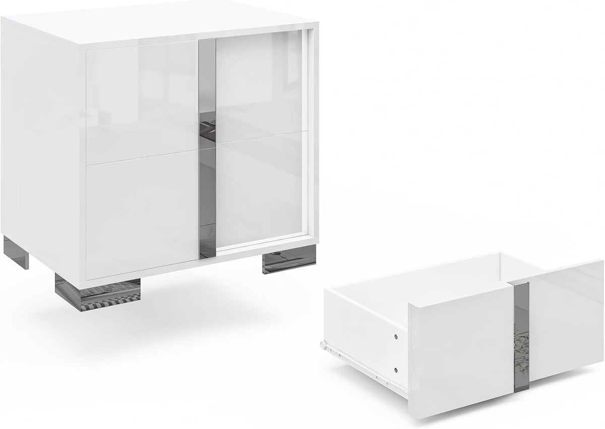 AMERLIFE Modern Nightstand, 23.6" End Table with 2 Drawers, White | Bedside Table for Bedroom, High Gloss UV Finish, Electroplated Pull Handle & Legs