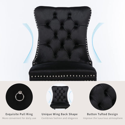 ODUSE-DAILY Black Velvet Dining Chairs Set of 4, Kitchen & Dining Room Chairs, Four Fabric Tufted Dinning Chairs, Velvet Upholstered, Wing Back, Metal Pull Ring, Wood Frame, Mid Century Modern