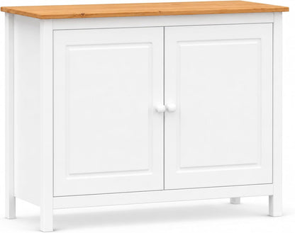 From the Tree Furniture 44" Wide White & Pine Top Solid Pine Shaker Sideboard Buffet Cabinet — 2 Doors Adjustable Shelf — No Drawer · Anti-Tip Included — Two-Tone Farmhouse Finish