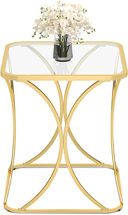 19.68" Square End Table with Tempered Glass Top, Stylish X-Shaped Metal Frame, Living Room Coffee Table, Sofa Side Table, Accent Tables for Small Spaces, Modern Bedside Table (Gold)