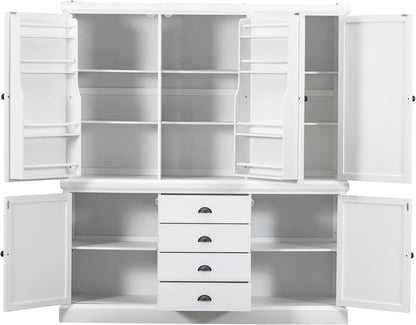 VilroCaz Freestanding Large Kitchen Pantry, Wooden Kitchen Organizers and Storage Kitchen Cabinet with 4 Drawers, Cupboard, 5 Doors, Adjustable Shelves for Dining Room (White-3.15)
