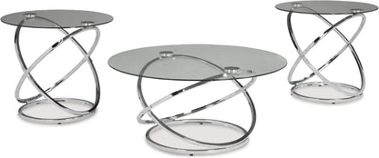 GTU Furniture Contemporary Glass Round 3-Piece Coffee Table Set, Cocktail Table with 2 Matching End Tables, Chrome Finish Finish for Living Room