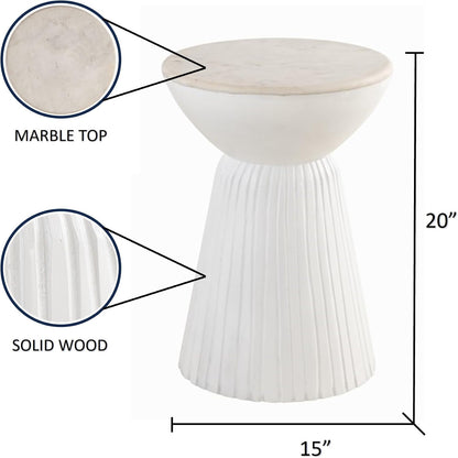Albany Living Marble Top Solid Mango Wood Decorative Cylindrical Pedestal Side Table, Contemprary Accent Side/End Table,Fully Assembled, for the Living Room and Bedroom,White